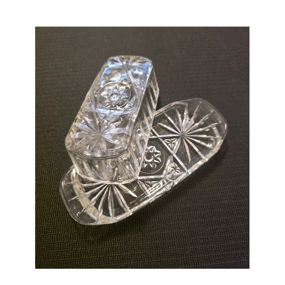 Vintage Anchor Hocking Star of David Cut Crystal Butter Dish Kitchen Decor